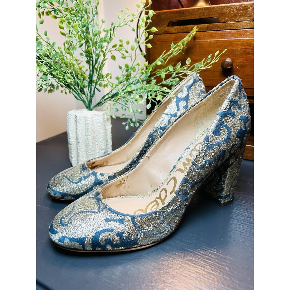 WOMEN'S SAM EDELMAN STILLSON PUMPS / HEELS / GOLD/ BLUISH GRAY/ SIZE 8